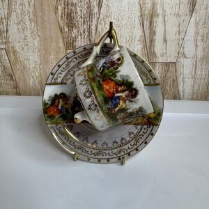 Lefton China Hand Painted Courting Couple Tea Cup and Saucer Set Gold Trim Japan